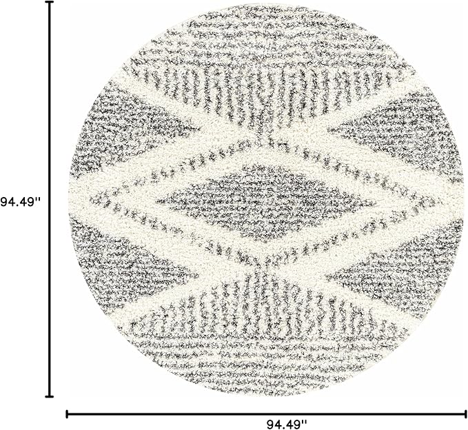 Hauteloom Trunding Moroccan Farmhouse Living Room Bedroom Shaggy Area Rug - Bohemian Shag Rug - Plush High Pile - Southwestern Boho Soft Carpet - Black, Cream, Grey, Beige - 7'10" Square