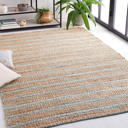 SAFAVIEH Area Rug 8x10 - Natural Fiber Collection - Large - Teal & Natural, Handmade Jute & Cotton Flat Weave, Stripe Pattern, Ideal for Living Room, Bedroom, Dining Space (NFB655K)