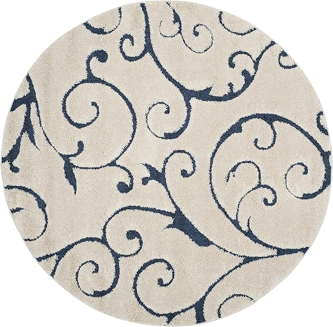 SAFAVIEH Florida Shag Collection 4' Round Cream/Blue SG455 Scrolling Vine Graceful Swirl Textured Non-Shedding Living Room Bedroom Dining Room Entryway Plush 1.2-inch Thick Area Rug