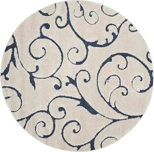 SAFAVIEH Florida Shag Collection 4' Round Cream/Blue SG455 Scrolling Vine Graceful Swirl Textured Non-Shedding Living Room Bedroom Dining Room Entryway Plush 1.2-inch Thick Area Rug