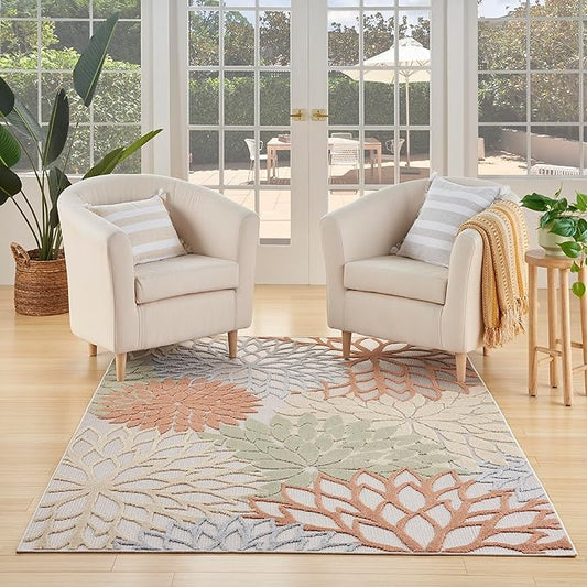 Nourison Home Aloha Indoor-Outdoor Ivory Multicolor 3'6" x 5'6" Area Rug, Easy Cleaning, Non Shedding, Bed Room, Living Room, Dining Room, Backyard, Deck, Patio (4x6)