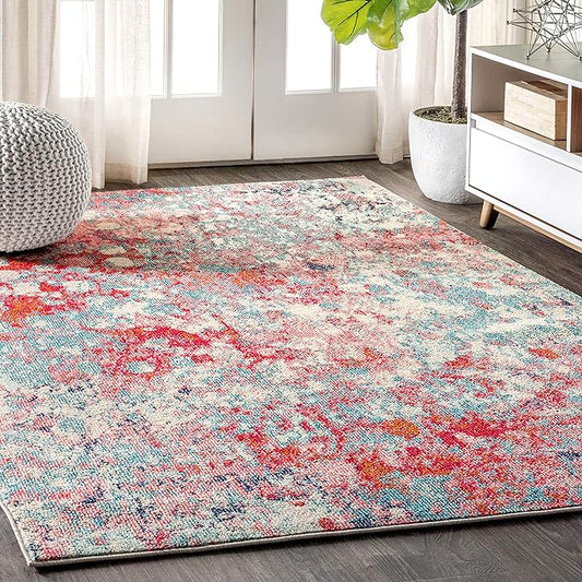 JONATHAN Y Modern Abstract Blue/Red Indoor Area Rug, 4x6, Contemporary POP, Transitional, Easy-Cleaning for Living Room, Bedroom, Kitchen, Pet Friendly, Non-Shedding (CTP108B-4)