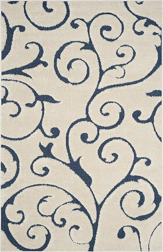 SAFAVIEH Florida Shag Collection Area Rug - 6' x 9', Cream & Blue, Scroll Design, Non-Shedding & Easy Care, 1.2-inch Thick Ideal for High Traffic Areas in Living Room, Bedroom (SG455-1165)