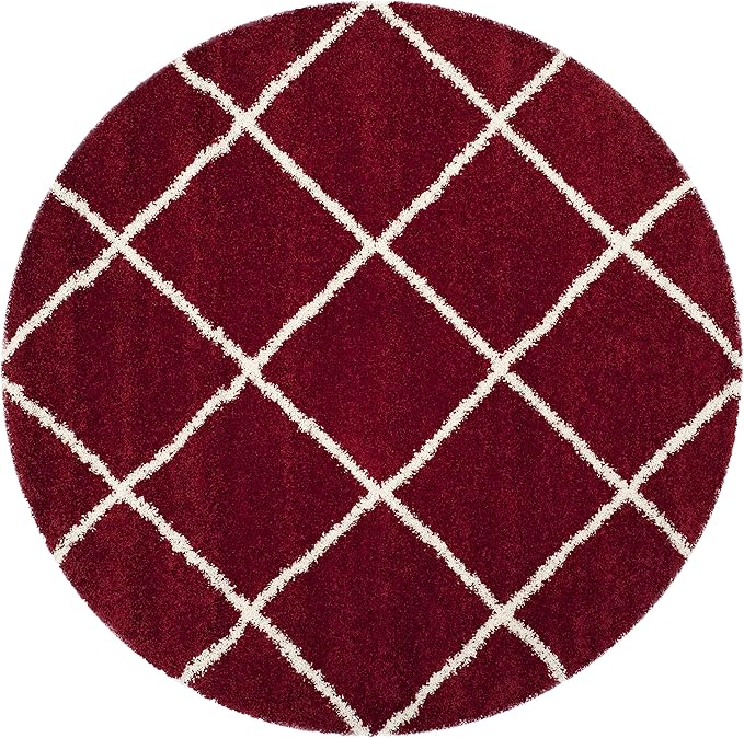 SAFAVIEH Hudson Shag Collection 9' Round Red / Ivory SGH281R Modern Diamond Trellis Non-Shedding Living Room Bedroom Dining Room Entryway Plush 2-inch Thick Area Rug