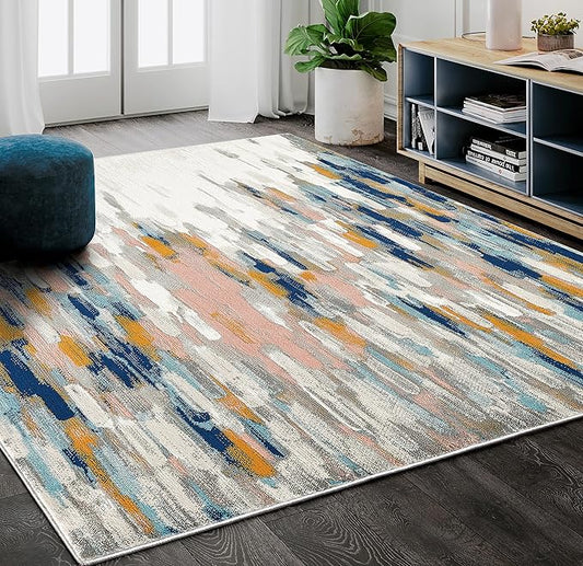 Abani Rugs Orange & Blue Contemporary Abstract Area Rug Contemporary Style, Porto Collection | Turkish Made Superior Comfort & Construction | Stain Shedding Resistant (2'x3', Orange,Blue)