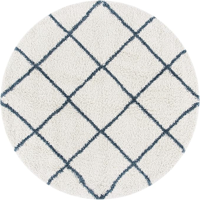 SAFAVIEH Hudson Shag Collection Area Rug - 7' Round, Ivory & Slate Blue, Modern Trellis Design, Non-Shedding & Easy Care, 2-inch Thick Ideal for High Traffic Areas in Living Room, Bedroom (SGH281T)