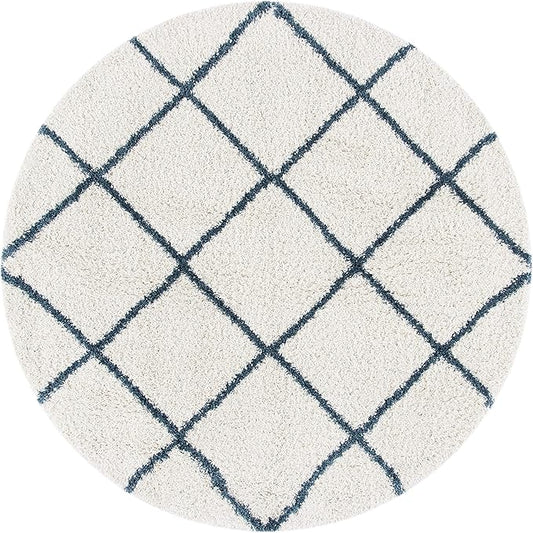 SAFAVIEH Hudson Shag Collection Area Rug - 5' Round, Ivory & Slate Blue, Modern Trellis Design, Non-Shedding & Easy Care, 2-inch Thick Ideal for High Traffic Areas in Living Room, Bedroom (SGH281T)