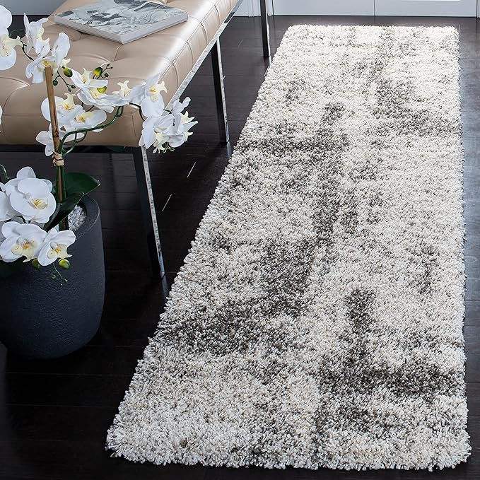 SAFAVIEH Hudson Shag Collection Runner Rug - 2'3" x 8', Ivory & Grey, Modern Abstract Design, Non-Shedding & Easy Care, 2-inch Thick Ideal for High Traffic Areas in Living Room, Bedroom (SGH205A)