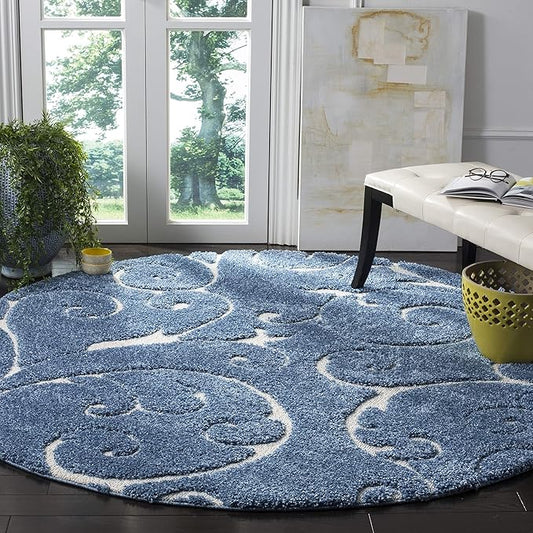 SAFAVIEH Florida Shag Collection 6'7" Round Light Blue/Cream SG455 Scrolling Vine Graceful Swirl Textured Non-Shedding Living Room Bedroom Dining Room Entryway Plush 1.2-inch Thick Area Rug