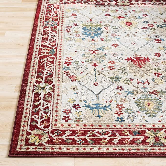 Hauteloom Goff Boho Floral Living Room Bedroom Multicolor Area Rug - Floral - Bohemian Vintage Look - Oriental Turkish Pattern - White, Beige, Yellow, Red - 5'1" x 7'5"