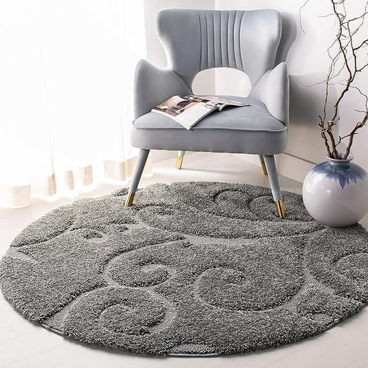 SAFAVIEH Florida Shag Collection 11' Round Grey SG455 Scrolling Vine Graceful Swirl Textured Non-Shedding Living Room Bedroom Dining Room Entryway Plush 1.2-inch Thick Area Rug