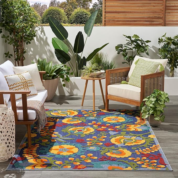 Nourison Home Aloha Indoor/Outdoor Modern Navy Multicolor 5'3" x 7'5" Area Rug, Easy Cleaning, Non Shedding, Bed Room, Living Room, Dining Room, Backyard, Deck, Patio (5x7)