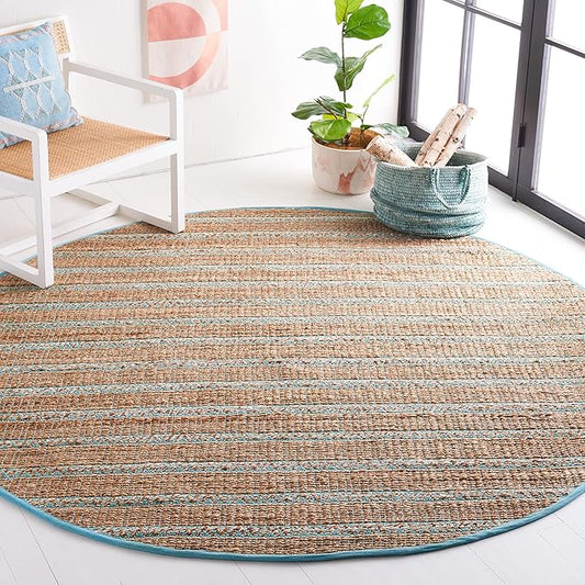 SAFAVIEH Natural Fiber Collection 7' Round Teal/Natural NFB655K Handmade Flat Weave Stripe Jute & Cotton Jute Area Rug