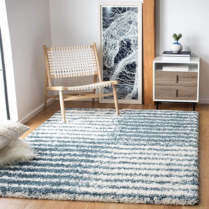 SAFAVIEH Hudson Shag Collection Area Rug - 9' x 12', Ivory & Slate Blue, Modern Abstract Design, Non-Shedding & Easy Care, 2-inch Thick Ideal for High Traffic Areas in Living Room, Bedroom (SGH298A)