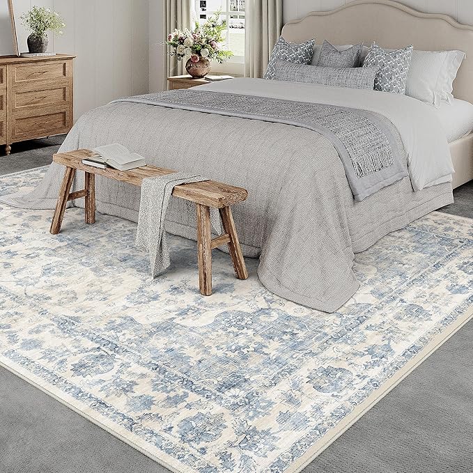 9x12 Neutral Area Rug Blue Floral Living Room Bedroom Large Carpet Low Pile Vintage Lightweight Vacuumable Non-Slip Soft Washable Throw Rug for Dining Room Office Indoor