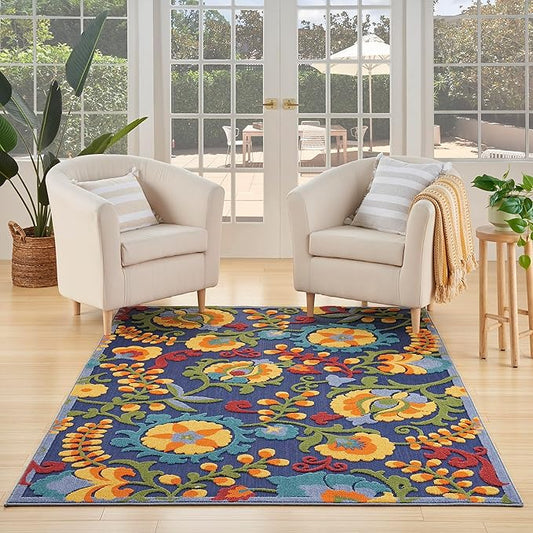 Nourison Home Aloha Indoor/Outdoor Modern Navy Multicolor 5'3" x 7'5" Area Rug, Easy Cleaning, Non Shedding, Bed Room, Living Room, Dining Room, Backyard, Deck, Patio (5x7)