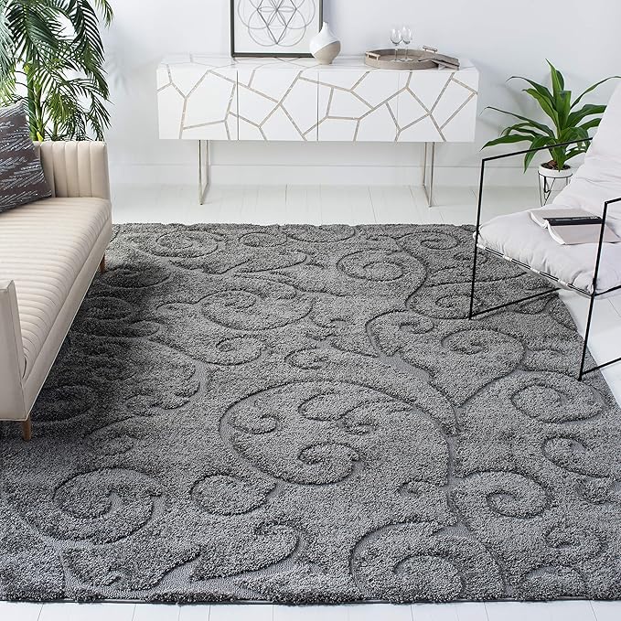 SAFAVIEH Area Rug 8x10 - Florida Shag Collection - Large - Grey, Scroll Design, Non-Shedding & Easy Cleaning, Plush Thick Pile, Ideal for Living Room, Bedroom, Dining Space (SG455013)