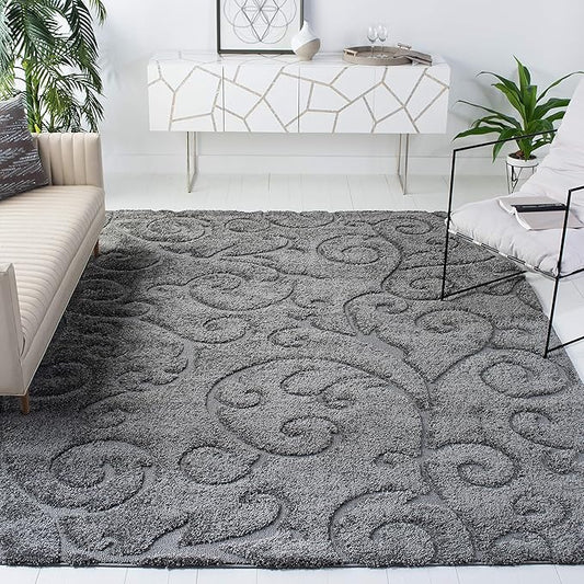 SAFAVIEH Area Rug 8x10 - Florida Shag Collection - Large - Grey, Scroll Design, Non-Shedding & Easy Cleaning, Plush Thick Pile, Ideal for Living Room, Bedroom, Dining Space (SG455013)