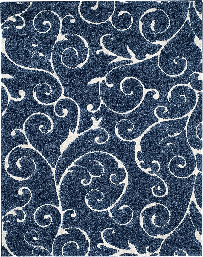 SAFAVIEH Area Rug 8x10 - Florida Shag Collection - Large - Dark Blue & Cream, Scroll Design, Non-Shedding & Easy Cleaning, Plush Thick Pile, Ideal for Living Room, Bedroom, Dining Space (SG455-6511)