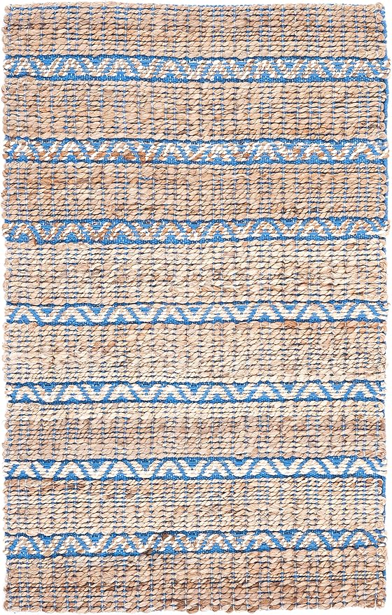 SAFAVIEH Natural Fiber Collection Accent Rug - 3' x 5', Blue & Natural, Handmade Flat Weave Stripe Jute & Cotton Jute, Ideal for High Traffic Areas in Entryway, Living Room, Bedroom (NFB655M)