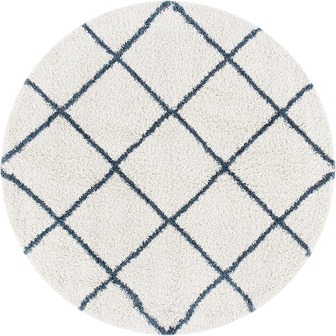 SAFAVIEH Hudson Shag Collection Area Rug - 7' Round, Ivory & Slate Blue, Modern Trellis Design, Non-Shedding & Easy Care, 2-inch Thick Ideal for High Traffic Areas in Living Room, Bedroom (SGH281T)