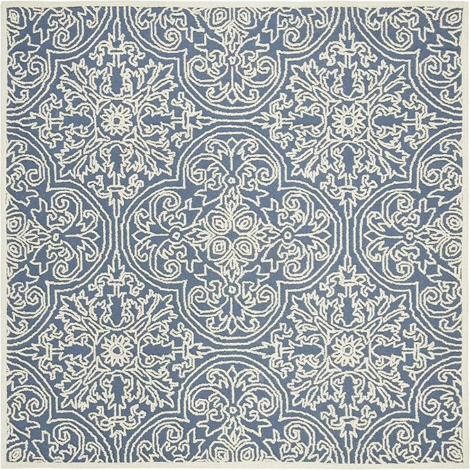 SAFAVIEH Trace Collection Area Rug - 6' Square, Blue & Ivory, Handmade Wool, Ideal for High Traffic Areas in Living Room, Bedroom (TRC101B)