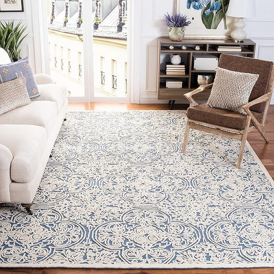 SAFAVIEH Trace Collection Area Rug - 6' Square, Blue & Ivory, Handmade Wool, Ideal for High Traffic Areas in Living Room, Bedroom (TRC101B)