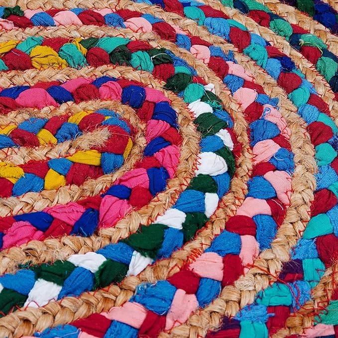 Craft Trade Hand Woven Jute Area Rug Multicolor Reversible Jute Area Rug Braided Farmhouse Living Room, Outdoor, Kitchen Bedroom Chindi Rug (2' x 3', Oval)