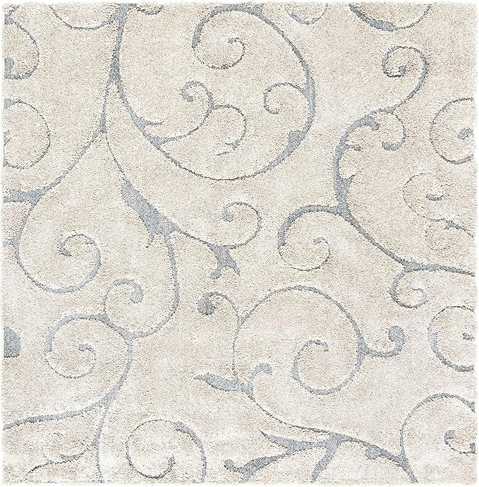 SAFAVIEH Florida Shag Collection Area Rug - 9' Square, Beige & Blue Grey, Scroll Design, Non-Shedding & Easy Care, 1.2-inch Thick Ideal for High Traffic Areas in Living Room, Bedroom (SG455-1155)