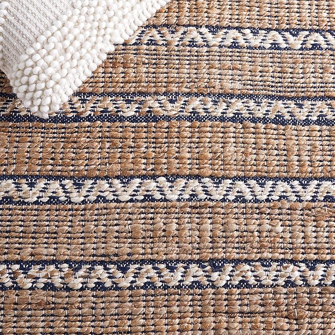 SAFAVIEH Area Rug 8x10 - Natural Fiber Collection - Large - Navy & Natural, Handmade Jute & Cotton Flat Weave, Stripe Pattern, Ideal for Living Room, Bedroom, Dining Space (NFB655N)