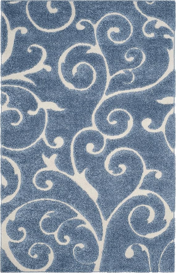 SAFAVIEH Florida Shag Collection Area Rug - 6' x 9', Light Blue & Cream, Scroll Design, Non-Shedding & Easy Care, 1.2-inch Thick Ideal for High Traffic Areas in Living Room, Bedroom (SG455-6011)