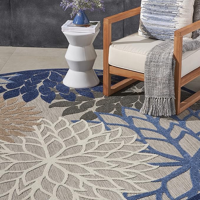 Nourison Aloha Indoor/Outdoor Blue/Multicolor 7'10" x Round Area Rug, Tropical, Botanical, Easy Cleaning, Non Shedding, Bed Room, Living Room, Dining Room, Deck, Backyard, Patio (8 Round)