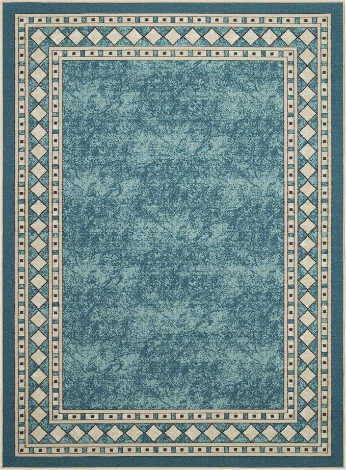 Antep Rugs Alfombras Modern Bordered 5x7 Non-Skid (Non-Slip) Low Profile Pile Rubber Backing Indoor Area Rugs (Blue, 5' x 7')