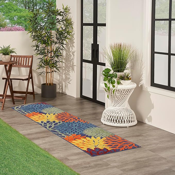 Nourison Home Aloha Indoor/Outdoor Modern Navy Multicolor 2' x 6' Area Rug, Easy Cleaning, Non Shedding, Bed Room, Living Room, Dining Room, Backyard, Deck, Patio (2x6)