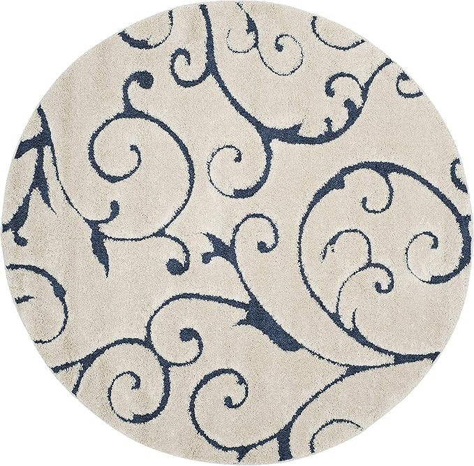 SAFAVIEH Florida Shag Collection Area Rug - 8' Round, Cream & Blue, Scroll Design, Non-Shedding & Easy Care, 1.2-inch Thick Ideal for High Traffic Areas in Living Room, Bedroom (SG455-1165)