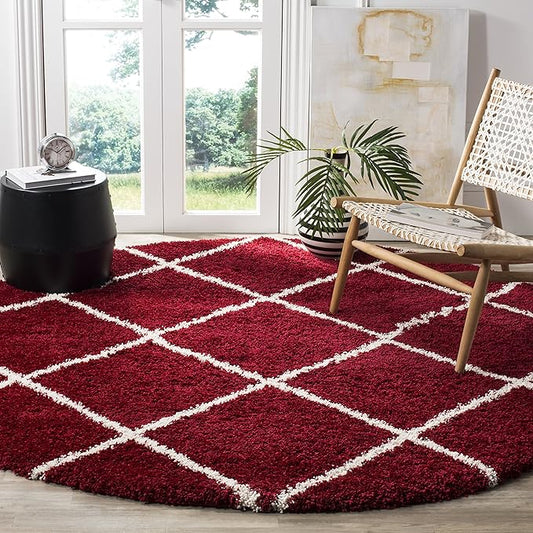 SAFAVIEH Hudson Shag Collection 9' Round Red / Ivory SGH281R Modern Diamond Trellis Non-Shedding Living Room Bedroom Dining Room Entryway Plush 2-inch Thick Area Rug