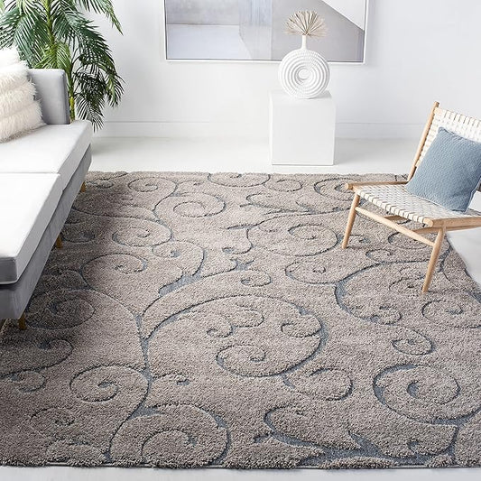 SAFAVIEH Florida Shag Collection Area Rug - 8'6" x 12', Grey & Light Blue, Scroll Design, Non-Shedding & Easy Care, 1.2-inch Thick Ideal for High Traffic Areas in Living Room, Bedroom (SG455-1160)