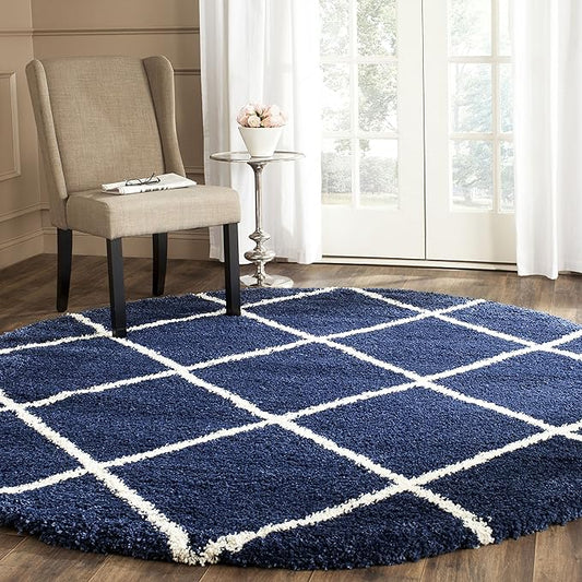 SAFAVIEH Hudson Shag Collection 9' Round Navy/Ivory SGH281C Modern Diamond Trellis Non-Shedding Living Room Bedroom Dining Room Entryway Plush 2-inch Thick Area Rug