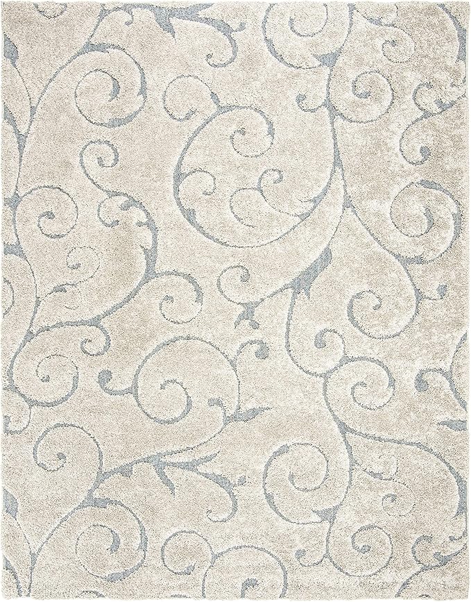 SAFAVIEH Area Rug 8x10 - Florida Shag Collection - Large - Beige & Blue Grey, Scroll Design, Non-Shedding & Easy Cleaning, Plush Thick Pile, Ideal for Living Room, Bedroom, Dining Space (SG455-1155)