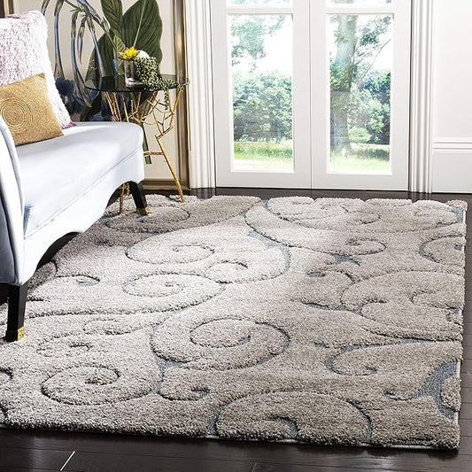 SAFAVIEH Florida Shag Collection Area Rug - 6' x 9', Grey & Light Blue, Scroll Design, Non-Shedding & Easy Care, 1.2-inch Thick Ideal for High Traffic Areas in Living Room, Bedroom (SG455-1160)