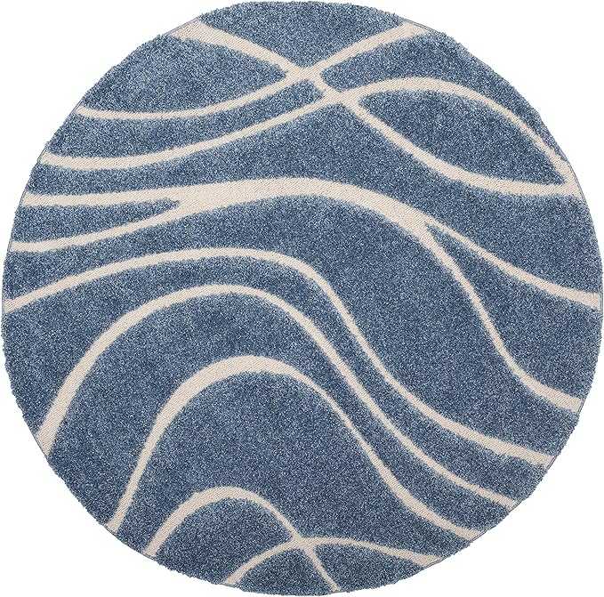 SAFAVIEH Florida Shag Collection 5' Round Light Blue/Cream SG471 Abstract Wave Non-Shedding Living Room Bedroom Dining Room Entryway Plush 1.2-inch Thick Area Rug