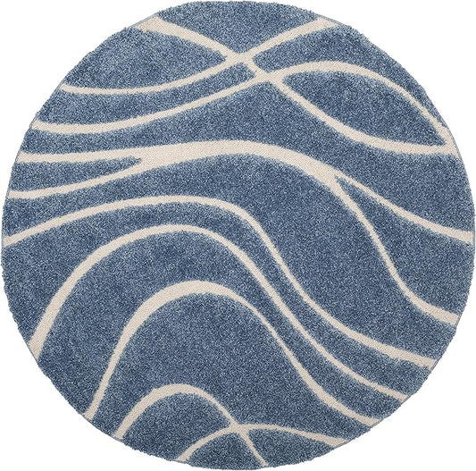 SAFAVIEH Florida Shag Collection 5' Round Light Blue/Cream SG471 Abstract Wave Non-Shedding Living Room Bedroom Dining Room Entryway Plush 1.2-inch Thick Area Rug