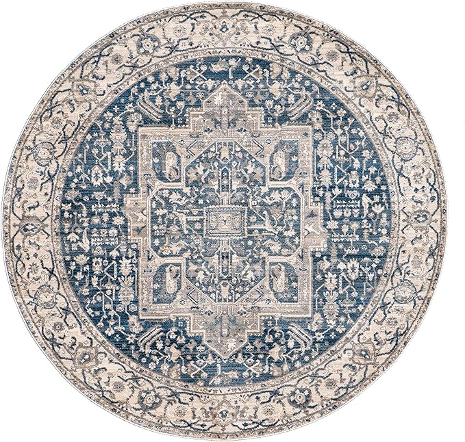 nuLOOM Harriet Vintage Medallion Fringe Area Rug - 5 Round Area Rug Traditional Grey/Multicolor Rugs for Living Room Bedroom Dining Room Kitchen