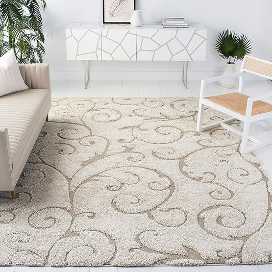 SAFAVIEH Area Rug 8x10 - Florida Shag Collection - Large - Cream & Beige, Scroll Design, Non-Shedding & Easy Cleaning, Plush Thick Pile, Ideal for Living Room, Bedroom, Dining Space (SG455-1113)