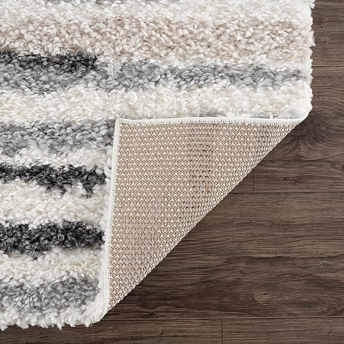 Hauteloom Lux Shag - Moroccan Farmhouse Living Room Shaggy Area Rug - Bohemian Shag Rug - Plush High Pile - Southwestern Boho Soft Carpet - Tribal Aztec - Grey, Off White, Beige - 5'3" x 7'3"