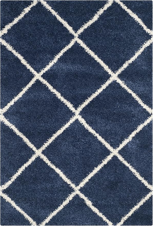 SAFAVIEH Area Rug 8x10 - Hudson Shag Collection - Large - Navy & Ivory, Trellis Pattern, Non-Shedding & Easy Cleaning, Ultra Plush Thick Pile, Ideal for Living Room, Bedroom, Dining Space (SGH281C)
