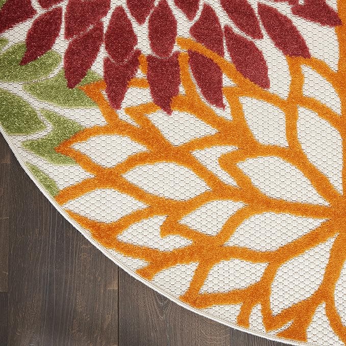 Nourison Aloha Indoor/Outdoor Red Multi Colored 4' x Round Area Rug, Tropical, Botanical, Easy Cleaning, Non Shedding, Bed Room, Living Room, Dining Room, Deck, Backyard, Patio (4 Round)
