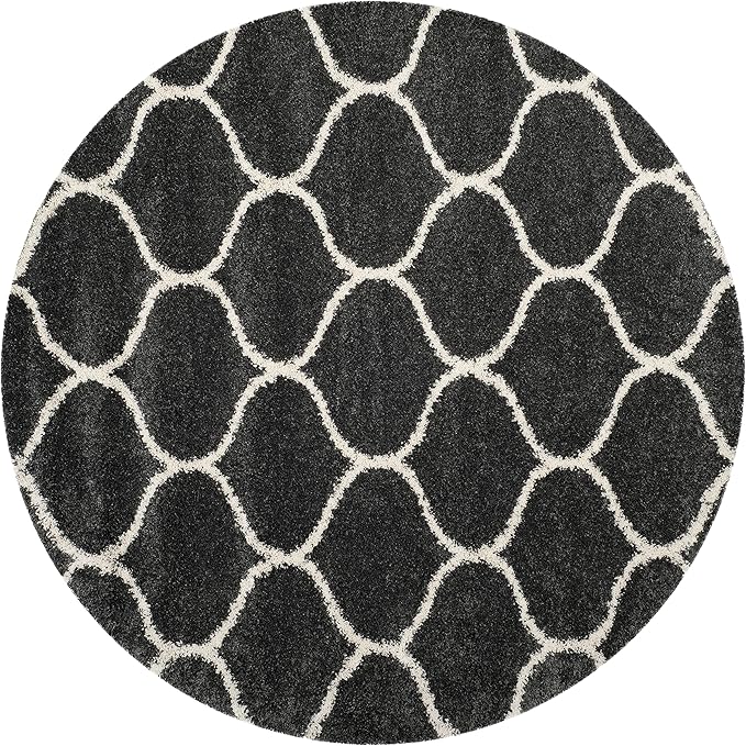 SAFAVIEH Hudson Shag Collection 7' Round Dark Grey/Ivory SGH280G Moroccan Ogee Trellis Non-Shedding Living Room Bedroom Dining Room Entryway Plush 2-inch Thick Area Rug