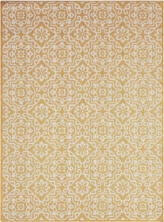 Nicole Miller New York Patio Country Julia Transitional Geometric Indoor/Outdoor Area Rug, Yellow/White, 6'6"x9'2"