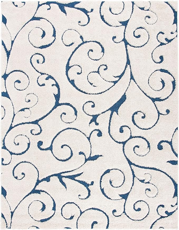 SAFAVIEH Florida Shag Collection Area Rug - 10' Square, Cream & Blue, Scroll Design, Non-Shedding & Easy Care, 1.2-inch Thick Ideal for High Traffic Areas in Living Room, Bedroom (SG455-1165)